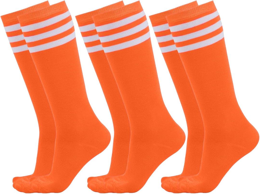 Dxhycc 3 Pairs Kids Soccer Socks Striped Knee High Socks Baseball Softball Socks Youth Athletic Socks for Boys Girls (Orange/White)