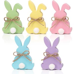 Easter Decorations, 5pcs Wooden Easter Bunny Table Sign with Jute Rope, Easter Wood Tiered Tray Decor Freestanding Easter Table Decorations