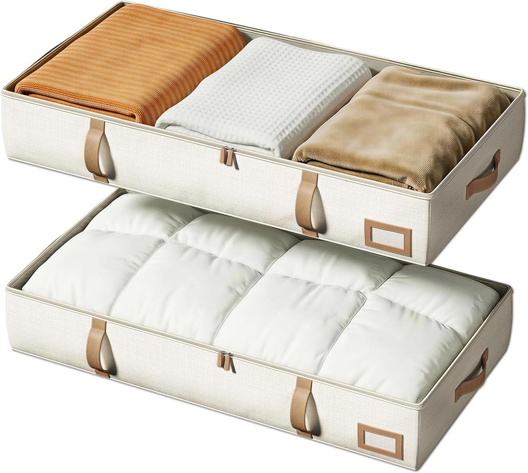 Vailando Under Bed Storage Containers, 6 Inches Tall 60L Underbed Storage Bins with Leather Handles and Sidewalls, Closet Organizer for Clothes, Blankets, Seasonal Items, Beige with Brown, 2-Pack