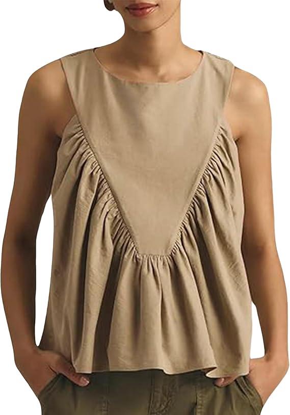 Tanming Womens Sleeveless Peplum Top Swing Tank Loose Fit Back Button Casual Blouse Ruffled Shirts XS