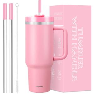 Skywerc 40 oz Tumbler with Handle and Straw, 2 in 1 Lid, Vacuum Insulated Stainless Steel Double Wall Water Bottle Travel Mug - Holiday Gifts for Women Men - Pink