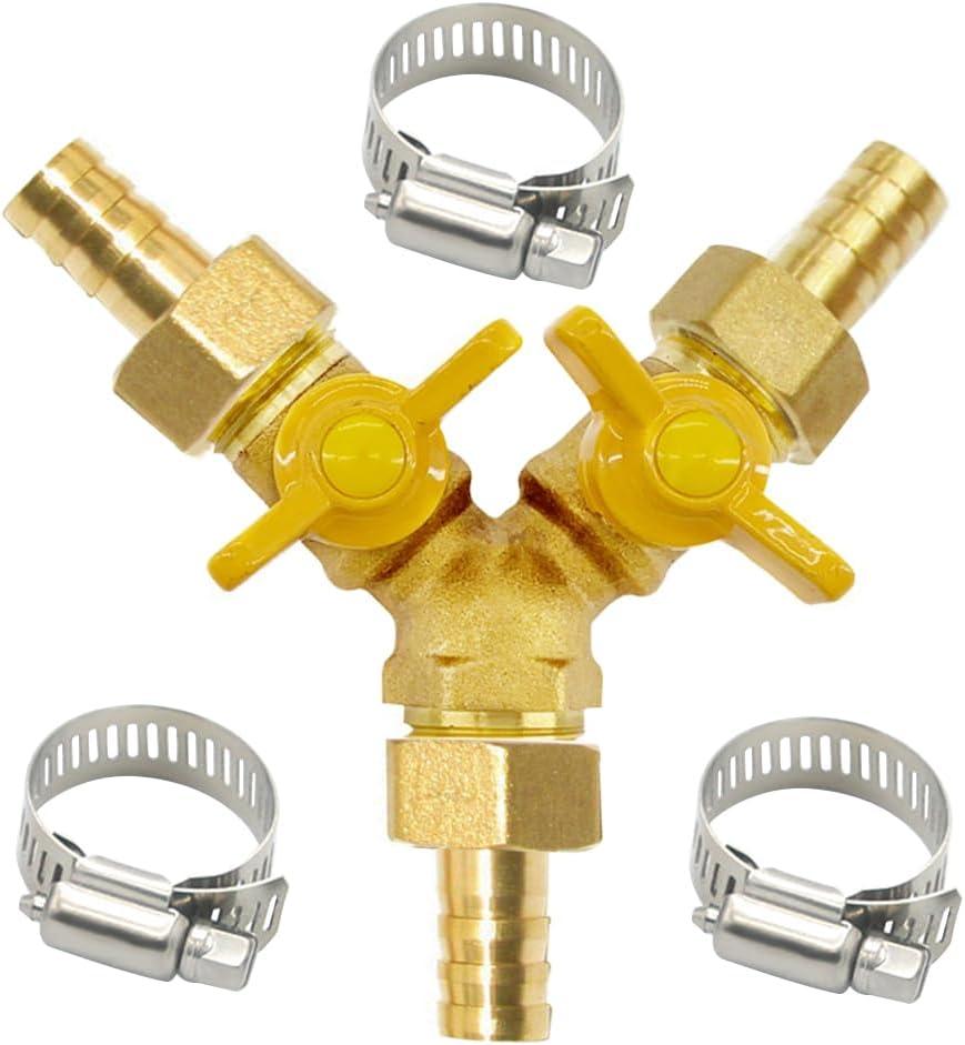 Brass 3 Way Shut Off Valve 1/2" Hose Barb Fitting Y Shaped Ball Valve,Split Design Thread Connect 2 Switch Valve for Water Fuel Air