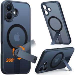 TORRAS Magnetic 360Stand Case for iPhone 16 Case, [Full Camera Protection] [Fit for MagSafe][16FT Mil-Grade Drop Protection] Slim Frosted Case for 16 iPhone Phone Case with Kickstand (6.1"), Black