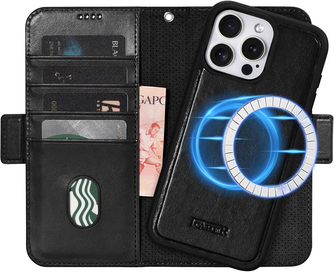 ICARER Compatible for iPhone 15 Pro Max Wallet Case, Premium Detachable Leather Case with 4 Card Slot, Magnetic Closure, Suit for Magsafe Compatible for iPhone 15 Pro Max 6.7in (Black)