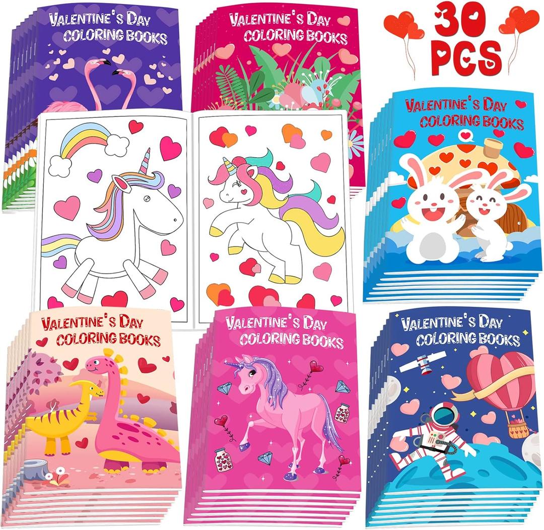 30Pcs Valentines Day Coloring Books for Kids 4-8, 8-12, Valentine's Party Favors Bulk Gifts Includes Dinosaur More Designs Goodie Bags Stuffer for Classroom Activity Supplies Boys Girls