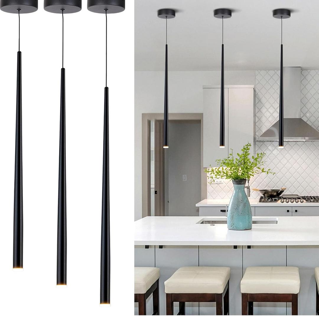 3 Pack Modern Black Pendant Lights, 27.5" Industrial Tube Hanging Light Fixture with Dimmable 4000K LED for Kitchen Island, Dining Room, Bar, Bathroom