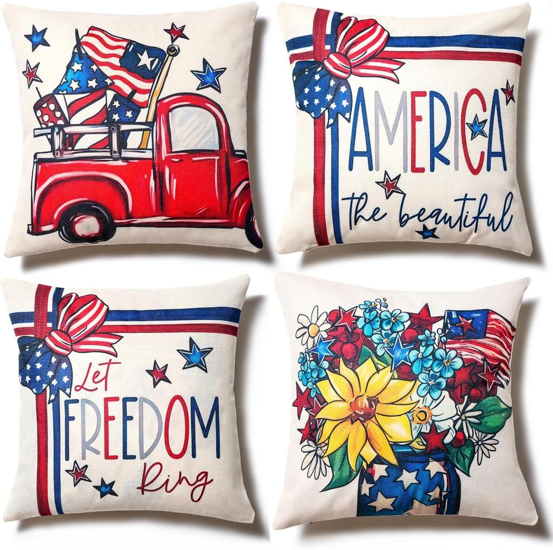 4th of July Decor-Throw Pillow Covers 18x18in Set of 4,Patriotic Linen Pillow Case for Independence Day,Memorial Day, Veteran's Day, USA, American Summer Outdoor Red White Blue Decorations (Yellow)