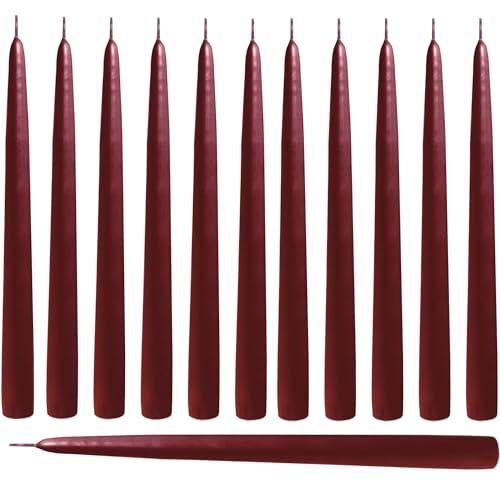 Burgundy 12 Inch Taper Candles - Pack of 12 Premium Unscented, Dripless & Smokeless Hand-Dipped Candles for Birthday, Wedding or Dinner Decorations and Formal Candlelighting