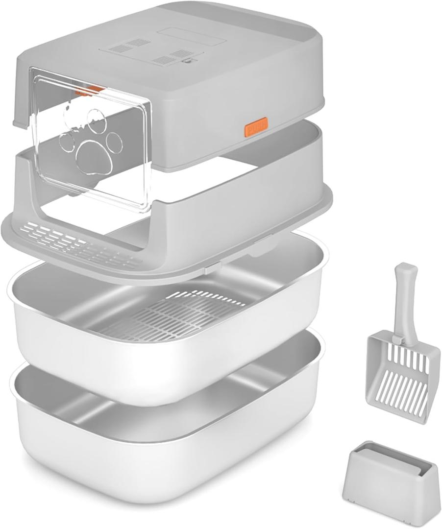 Stainless Steel Sifting Litter Box with Lid, Metal Litter Pan with Scoop for Big Cats Multi Cat, Extra Large Cats Litterbox Odor Control Easy Clean (23 * 15.7 * 16.7inch-Full Enclosed, X-Large)