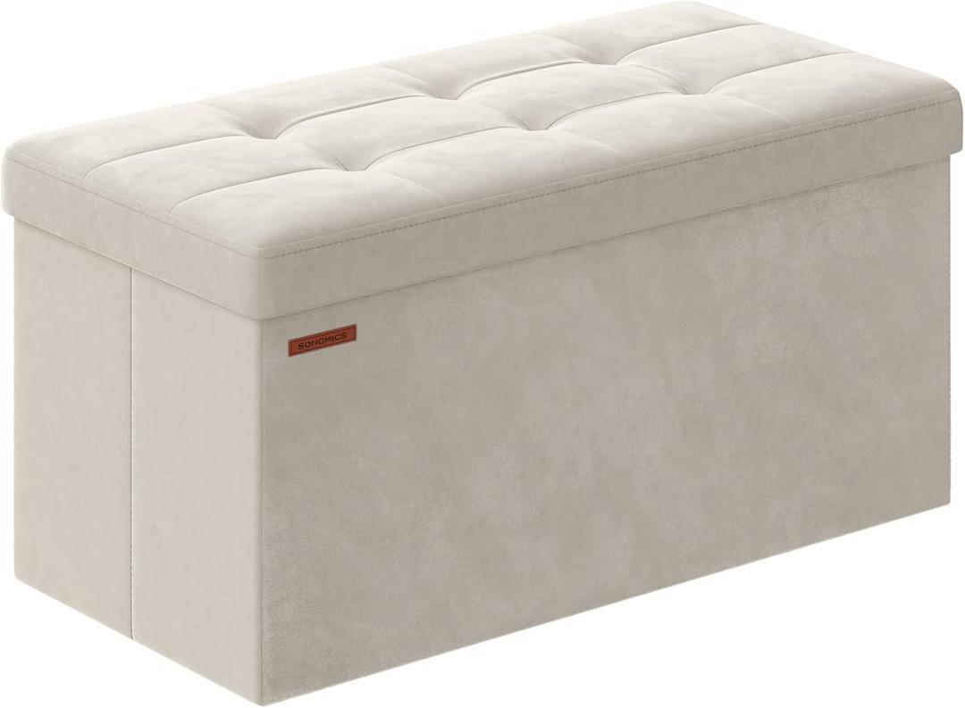 SONGMICS Storage Ottoman Bench, Foldable Ottoman Foot Rest, 15 x 30 x 15 Inches, End of Bed Bench, Storage Chest, Load up to 660 lb, for Living Room, Bedroom, Entryway, Cream White ULSF247W01 (30''W)