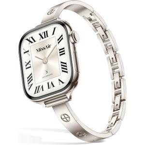 Missair Slim Bands Compatible with Apple Watch 38mm 40mm 41mm 42mm 44mm 45mm 46mm 49mm for Women, Thin Bracelet Dressy Designer Stainless Steel Metal Strap for iWatch Series 11 10 9 8 7 6 5 4 SE Ultra (Starlight)