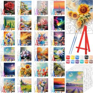 Blosssound 24 Set Flower Scenery Pre Drawn Canvas Pre Printed Canvas Painting with Easel Kits 5 x 7'' Pre Stenciled Painting Panels Pre Outline Board for Kids Adult Student Beginner Party Favors DIY