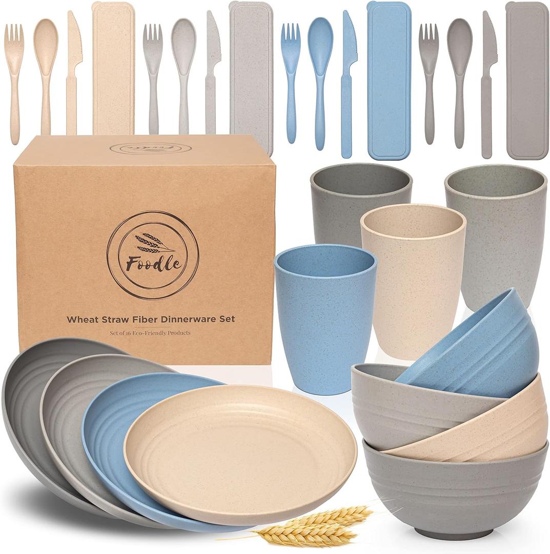 FOODLE Wheat Straw Dinnerware Set - BPA Free & Safety Tested - Microwave & Dishwasher Safe - Perfect for Picnic, Dorm, RV Dishes - Camping Plates Cups and Bowls Set - Great for Kids & Adults - For 4 (Light Grey, Dark Grey, Blue & Beige)