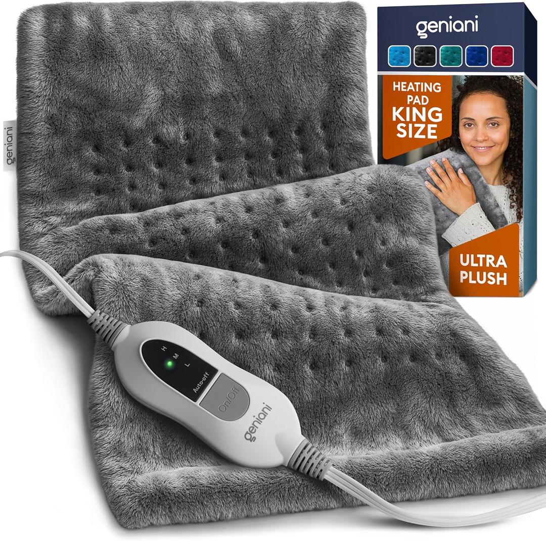 GENIANI XL Electric Heating Pad for Back Pain & Cramps Relief, Electric Throw, Birthday Christmas Gifts for Women, Men Auto Shut Off, Machine Washable, Heat Pad for Neck & Shoulder, 1224", Tabby Gray