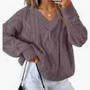 ZESICA Women's Fall Oversized Sweaters 2025 Casual Long Sleeve V Neck Cable Knit Trendy Pullover Tops, M