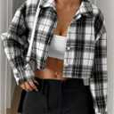 SweatyRocks Women's Cute Color Block Long Sleeve Crop Tops Plaid Button Down Blouse (XS)