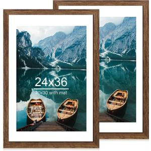 Hongkee 24x36 Poster Frame Set of 2, Rustic Brown Wood Style - Display 20x30 Picture with Mat or 24 x 36 Poster without Mat, Wall Mounting Horizontal and Vertical