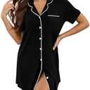 KCW Nightgown for Women Button Down Pajama Dress Short Sleeve Night Shirts Sleepwear, M