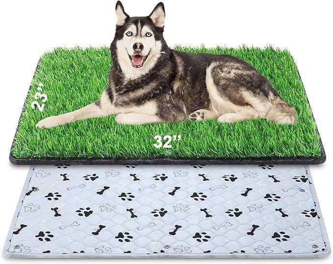 Dog Grass Mat with Pee Pad 32×23", Medium Dog Litter Box Indoor Artificial Turf Grass Porch Waterproof Patio Potty Tray for Doggie Reusable Washable Pads and Lawn for Replacement for Puppy Training