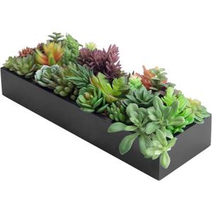 MyGift Artificial Succulent Centerpiece,15.75 Inch Faux Succulents Arrangement Plants in Sleek Black Wooden Rectangular Planter Box