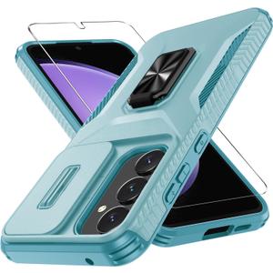 Compatible with Samsung Galaxy S24 FE 5G Case with Slide Camera Cover+Screen Protector+Metal Rotated Kickstand,Tough Hybrid Heavy Duty Shockproof Protective Phone Cover,2024 Mint Green
