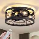 Small Caged Ceiling Fan with Light Flush Mount, 16.14'' Retro Industrial Bladeless Fans Ceiling,(6-Speed/Reversible/Timing), Farmhouse Rustic Ceiling Fan for Bedroom Kitchen living Room