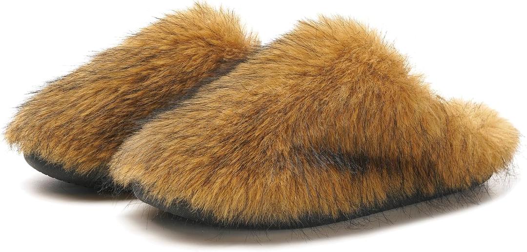 Fuzzy Plush Women's House Slipper Cozy Non-slip Bedroom Slipper for Women Furry Indoor Outdoor House Shoes (8-9, Yellow Black)