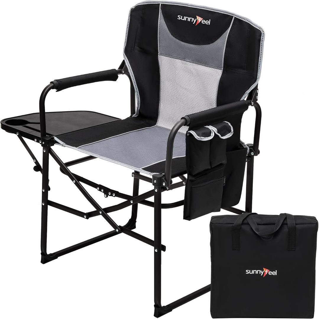 SUNNYFEEL Camping Directors Chair, Heavy Duty,Oversized Portable Folding Chair with Side Table, Pocket for Beach, Fishing,Trip,Picnic,Lawn,Concert Outdoor Foldable Camp Chairs, 21D x 25W x 36H in