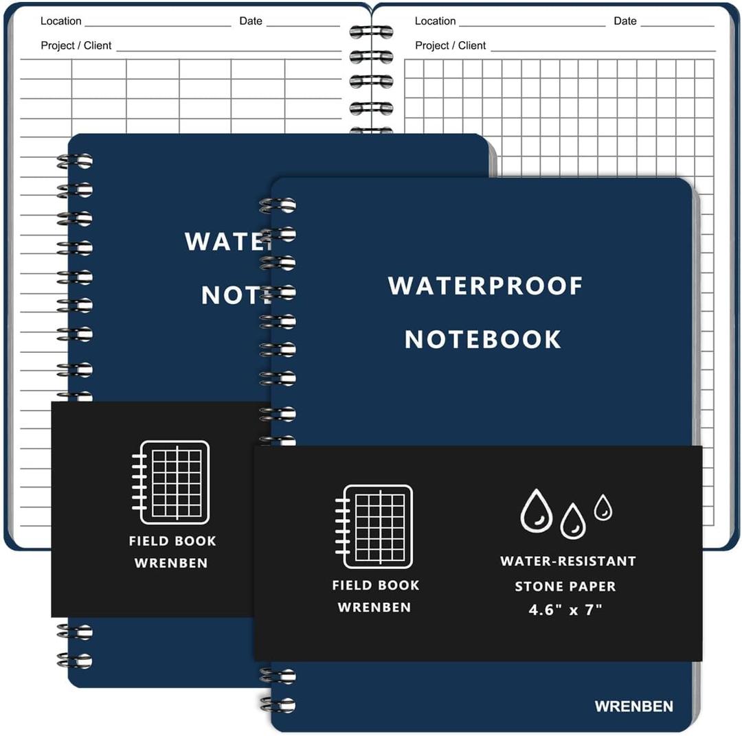 2PCS Field Grid Weatherproof Spiral Notebooks 4.8"x7" with All-Weather Stone Paper and Waterproof PVC Cover, 100 Pages per Pocket Notepad, A6 Medium Memo Steno Pads (Field, Blue)