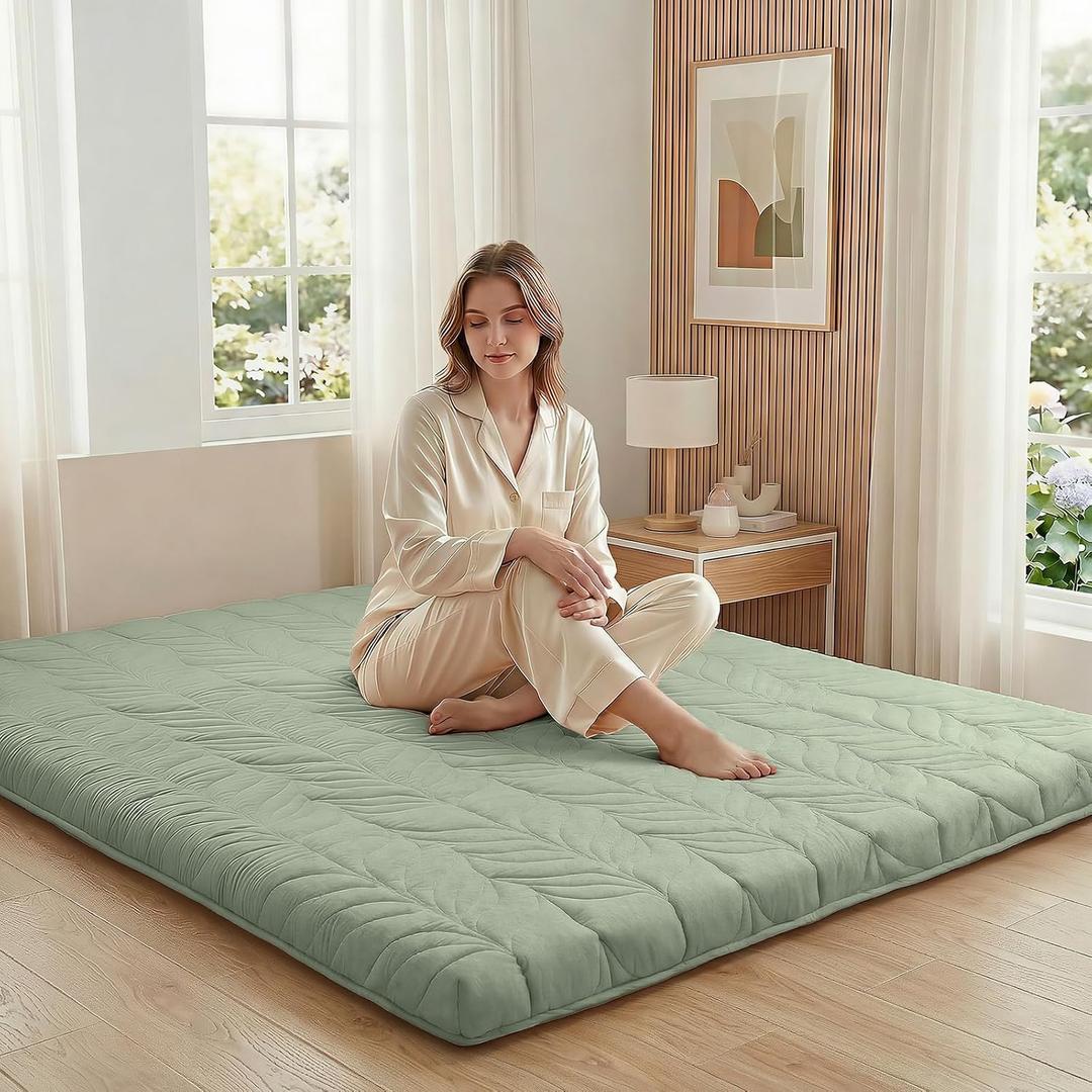 ZonLi Japanese Floor Mattress Futon Mattress Full Size, 4" Thicken Roll Up Tatami Mat 100% Cotton Washable Cover, Portable & Foldable Floor Bed Mattress for Sleeping, Dormitory, Adult Kids, Green