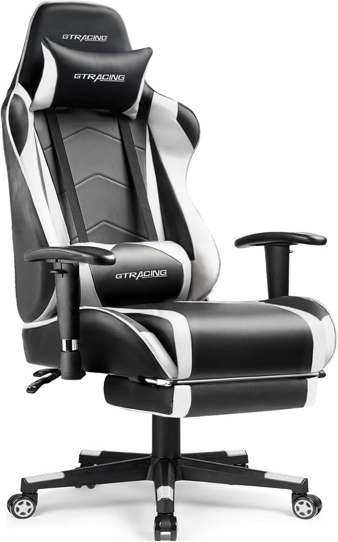 GTRACING Gaming Chair with Footrest, High Back Computer Chair Ergonomic Game Desk Chair Racing Executive Adjustable Swivel Rocker with Headrest and Lumbar Support (White)