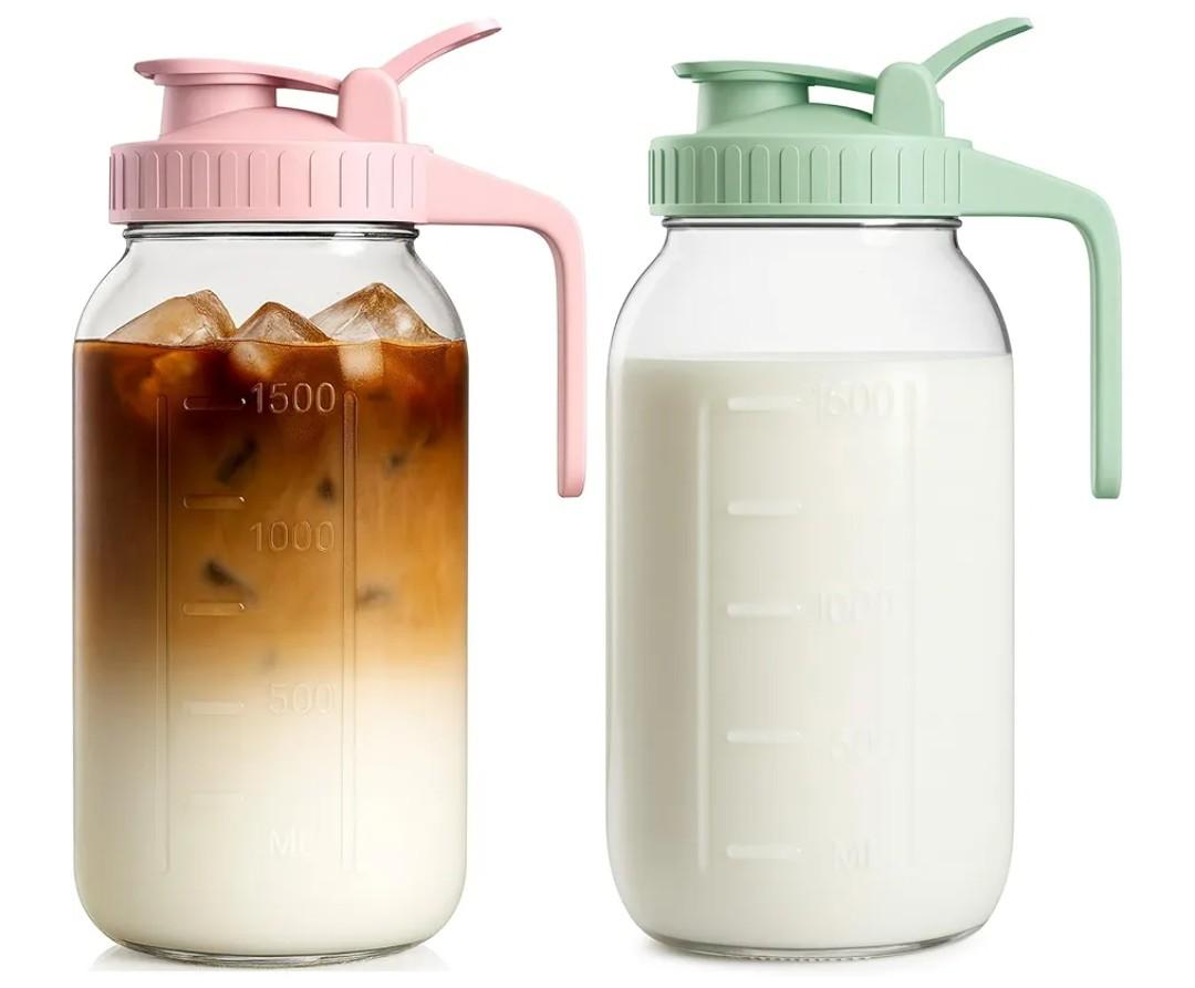 2 Pack - 64oz Glass Breast Milk Pitcher with Lid & Spout, Leakproof Mason Jar Breastmilk Pitcher - Wide Mouth, Airtight 2 Quart Water Jug for Milk Storage, Breastmilk, Sun Tea, Iced Coffee, Juice