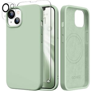 GONEZ Magnetic for iPhone 14 Case, Compatible with Magsafe, with Screen Protector + Camera Protector, Anti-Scratch Microfiber Lining, Liquid Silicone Shockproof Protective Phone Case, Pastel Green