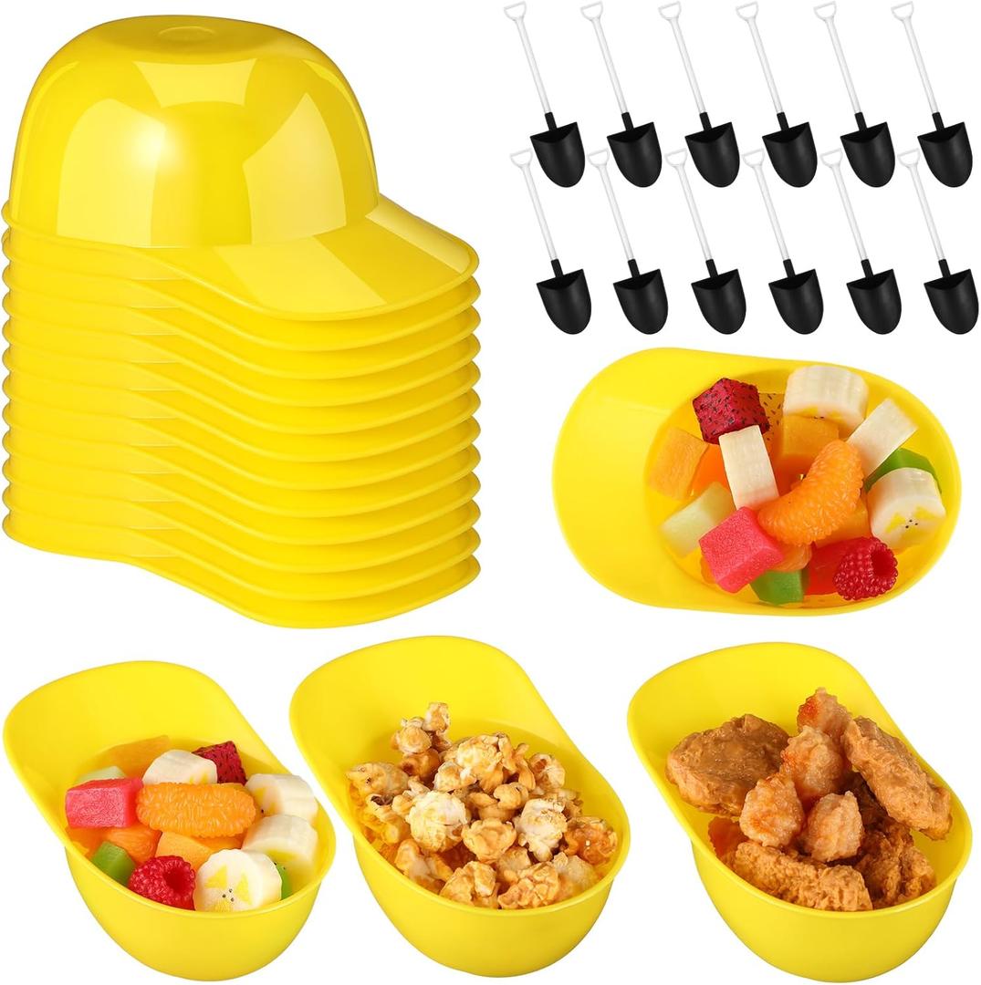 Gejoy 12 Set Yellow Helmet Snack Ice Cream Bowl Construction Hard Hats Snack Bowl 8 oz Mini Sundae Bowl with Novelty Disposable Plastic Shovel Shape Dessert Spoon for Construction Worker Theme Party