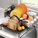 Urackify Dish Rack for Kitchen Counter, 304 Stainless Steel Dish Drying Rack, Expandable Dish Drainer, Foldable Dish Strainer with Cutlery Holder, Kitchen Plate Rack (Black, Large Size) (Silver)