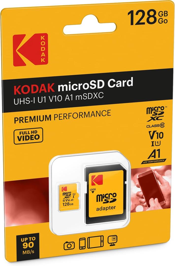 KODAK 128GB Class 10 UHS-I U1 MicroSDXC Card with Adapter 10x Write Speed (Black)