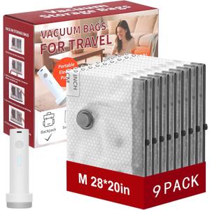 Rechargeable Wireless Pump Travel Vacuum Storage Bags Set, 9 Pack (9M) Portable Space Saver Bags for Travel & Home, Vacuum Compression Packing Seal for Clothes, Blankets, Home Seasonal Storage Bags