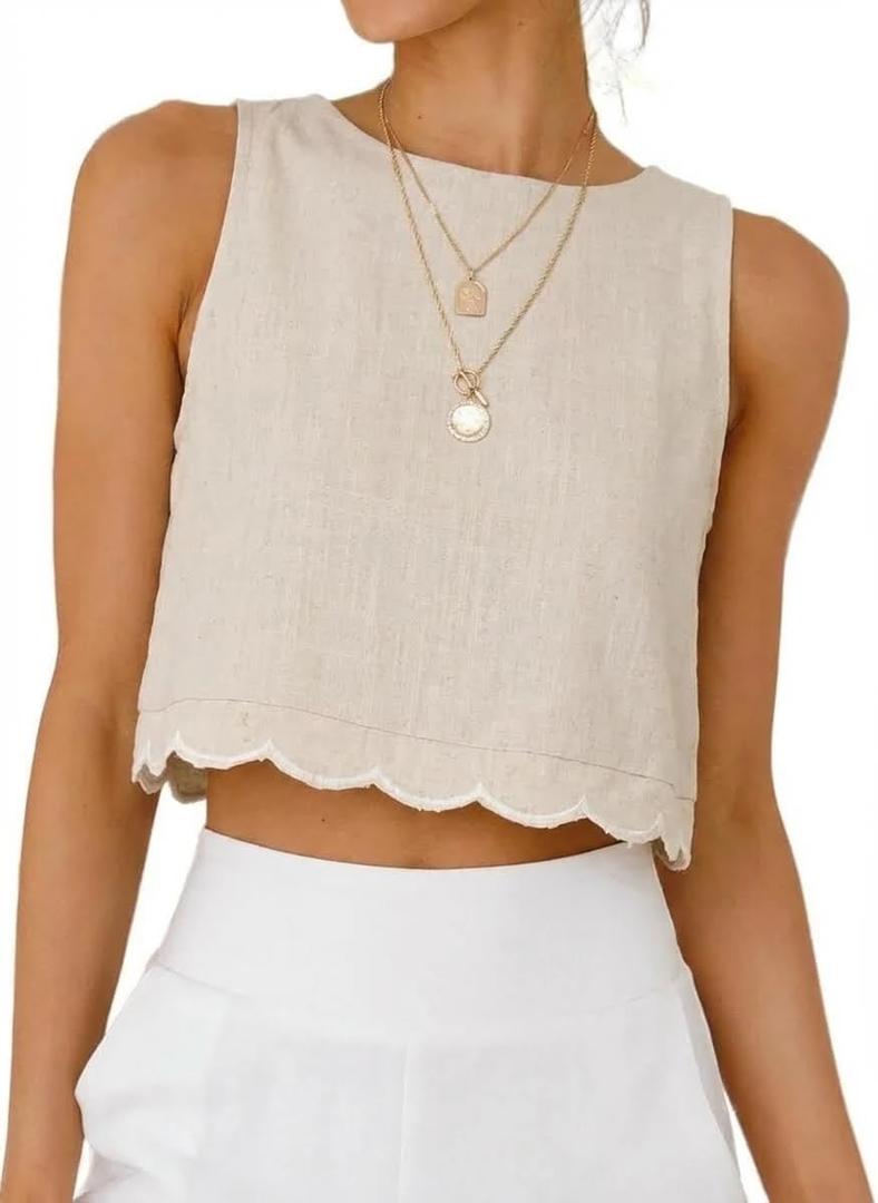 IDEALSANXUN Womens High Neck Linen Tank Tops Spring Summer Scallop Hem Cropped Sleeveless Shirts Blouses (Small, Beige)