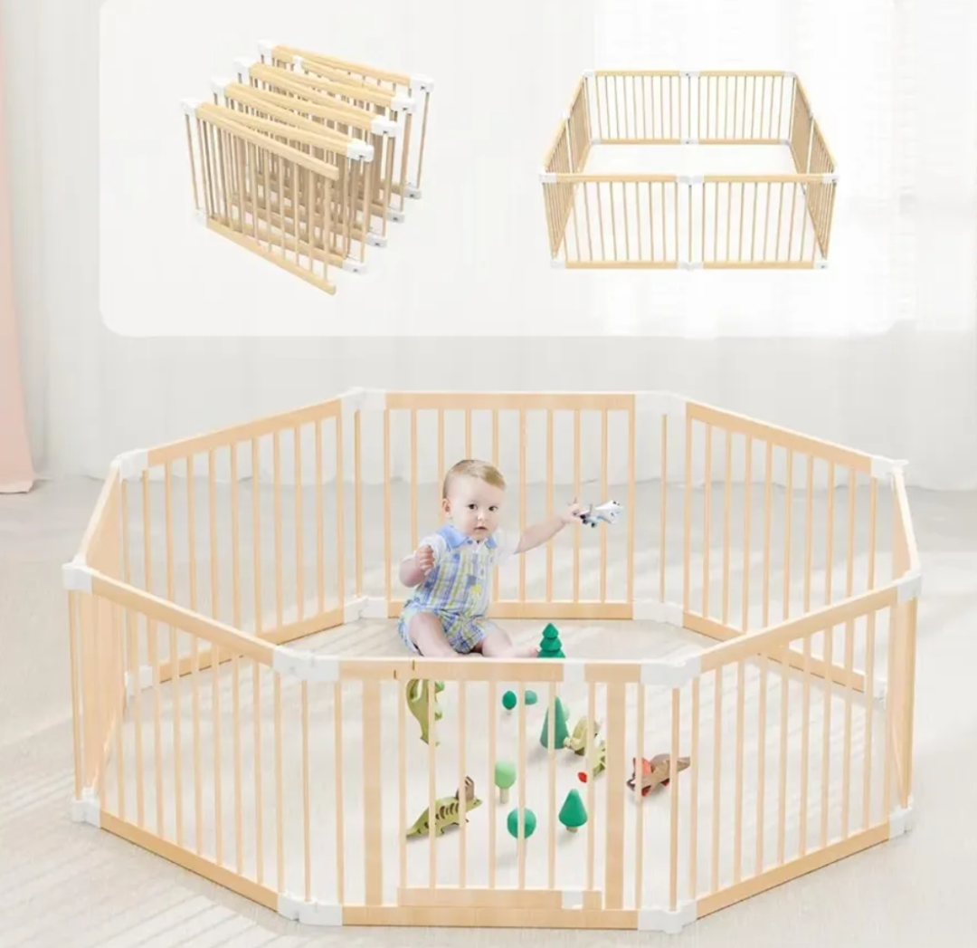 Foldable Wooden Playpen, Large Baby Gate Playpen with Door for Toddler and Babies, Safe Play Area Kids Activity Center (26" Tall, 8-Panel)