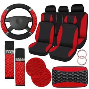 Fulmoon 17 Pcs Car Accessories Set for Women Seat Bling Leather Steering Wheel Cover Seat Belt Shoulder Pad Armrest Cup Holders Covers Full Crystal Decor Automotive Interior (Red and Black)