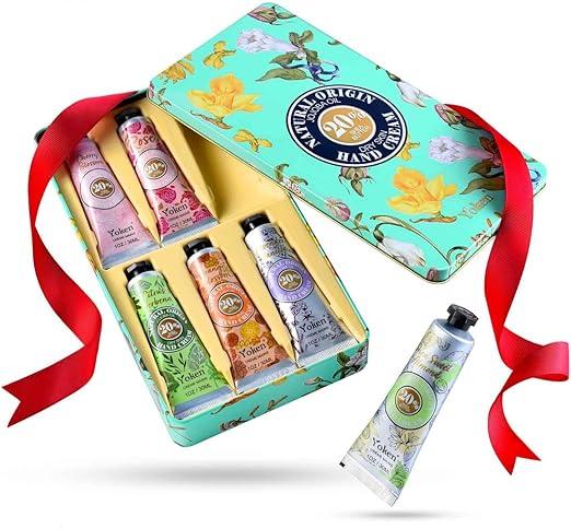 Yoken 20% Shea Butter Hand Cream Gift Set, Instant Soothing Moisturizing Hand Cream for Women Nourishes Dry Hands, 6-Piece Delicate Tin Gift Set Almond, Citrus Verbena & Floral-Scented, 6 x 1 OZ