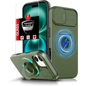 For iPhone 16 Case Magnetic Compatible with MagSafe Wireless Charging,with 2 Screen Protectors,Built-in Kickstand Ring,with Camera Cover Shock-Absorbent Shockproof Heavy Duty Protection Green