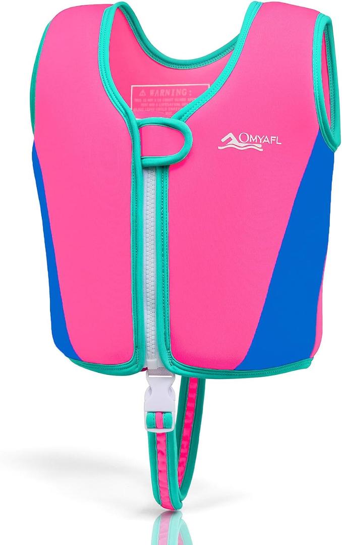 OMYAFL Toddler Swim Vest Kids Floaties Boys Girls Swim Float Jacket Buoyancy Swimwear (Pink/ Blue, Large(4-6yrs/ 45-60lbs))