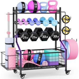 WUC Dumbbell Rack, Adjustable Weight Rack for Home Gym Storage, All-in-One Workout Storage Racks with Wheels and Hooks for Dumbbells, Kettlebells, Yoga Mats & Balls, Durable Powder Coated Steel, Black