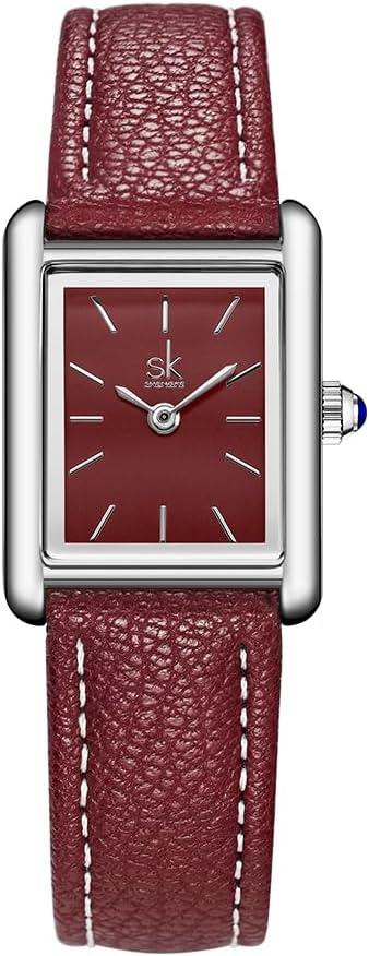 SHENGKE Minimalist Vintage Square Watches for Women with Leather Strap (Red)