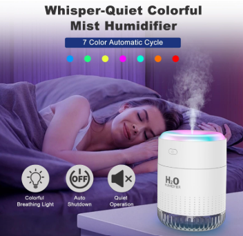 7-Color Cool Humidifier – a room humidifier and USB personal desktop humidifier, ideal for baby rooms, bedrooms, travel, offices, and homes. It features 2 mist modes and is ultra-quiet.