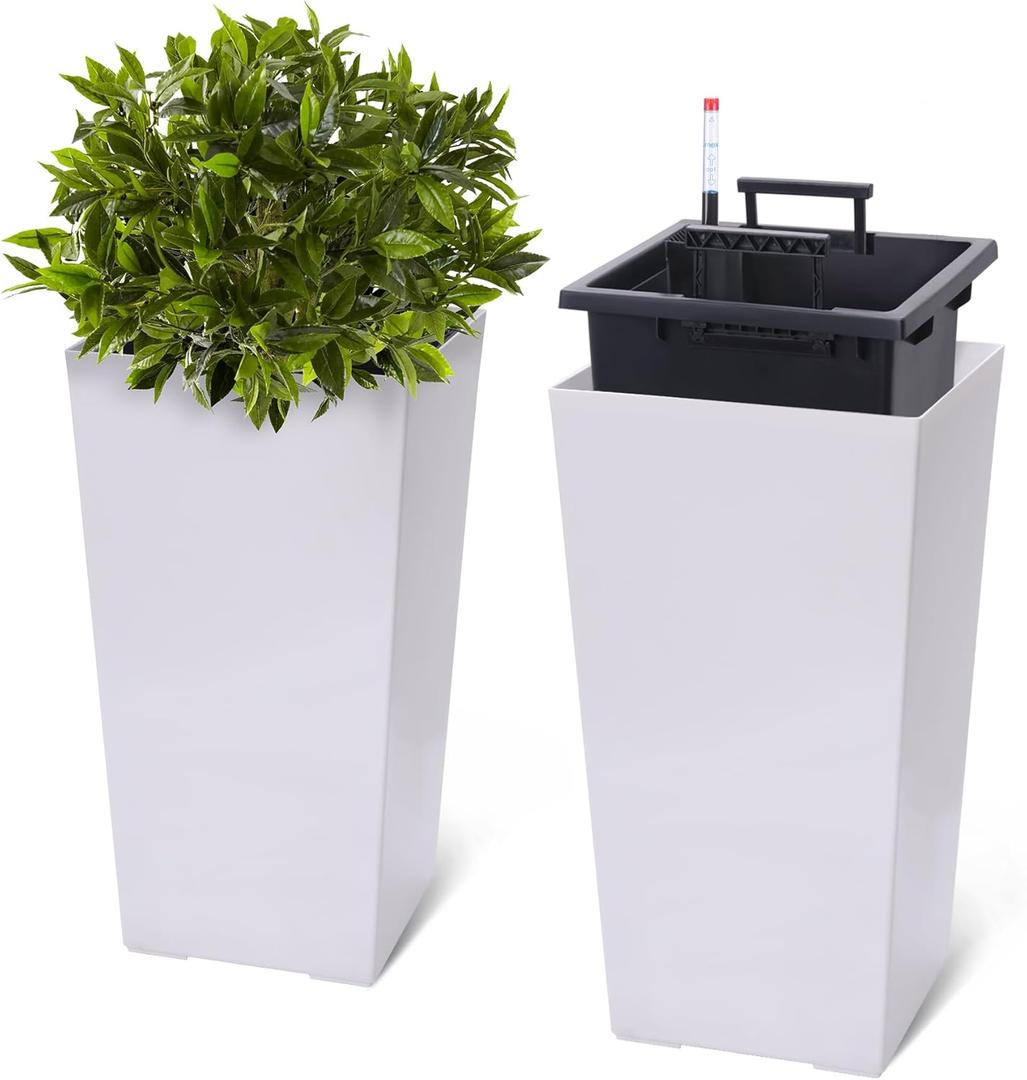 GarveeLife 22.5 in Tall Planters Set of 2, OutdoorIndoor Black Planter Pots, High Front Porch Planter Pots with Drainage HolesWater Level MonitorInner Bucket, Automatic Watering, White