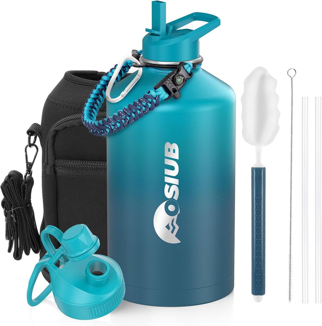 Insulated Water Bottle 128 oz, Triple Wall Vacuum Stainless Steel(Cold for 48 Hrs),Leak Proof & BPA-Free,One Gallon Water Bottle with Reflective Paracord & Flip Straw for Sports & Travel, CyanBlue