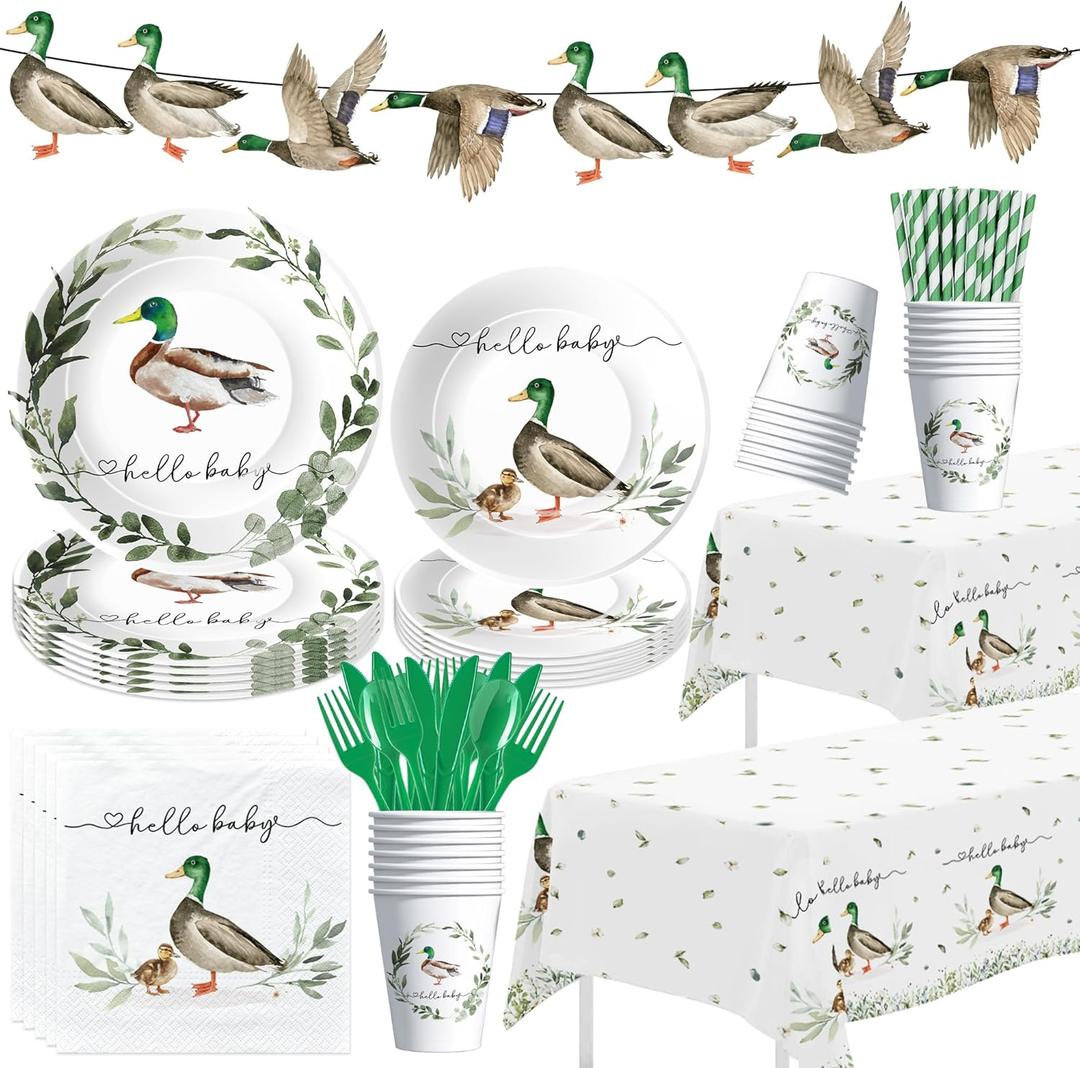Mallard Duck Baby Shower Decorations, Duck Hunting Baby Shower Party Supplies, Paper Plate, Napkin, Cup, Tablecloth, Banner, Cutlery, Serves 24