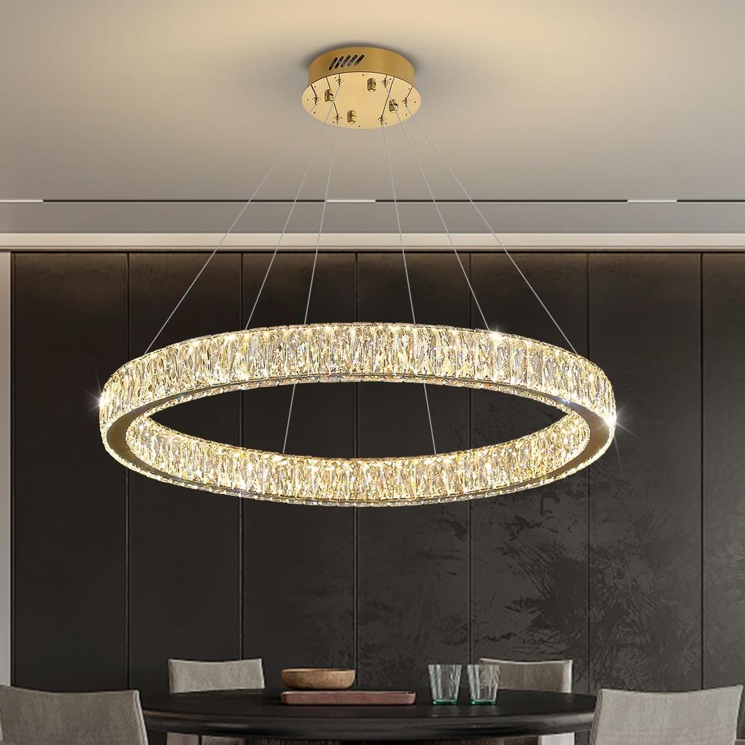 Modern LED Dimmable Crystal Chandelier 39.4" Ring Pendant Light Adjustable Gold Round Crystal Chandelier Light Fixtures for Dining Room Living Room